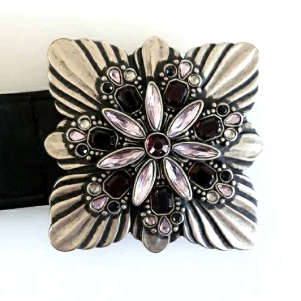 Fossil black leather belt floral silver buckle L